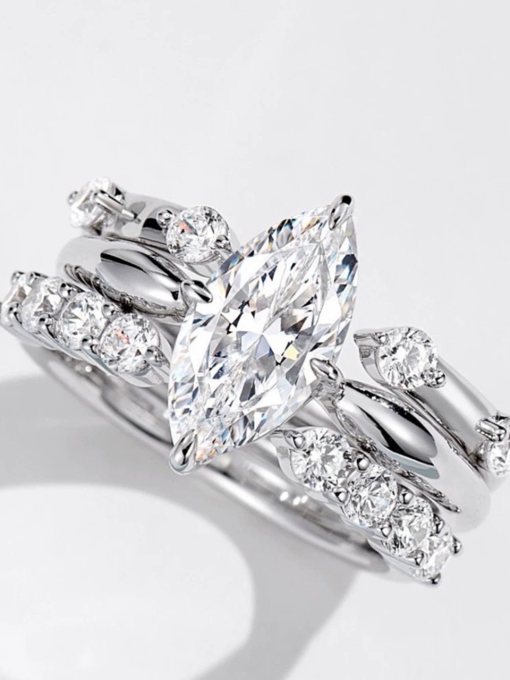 3-Piece S925 Sterling Silver Marquise Cut Adjustable Stacking Ring Set